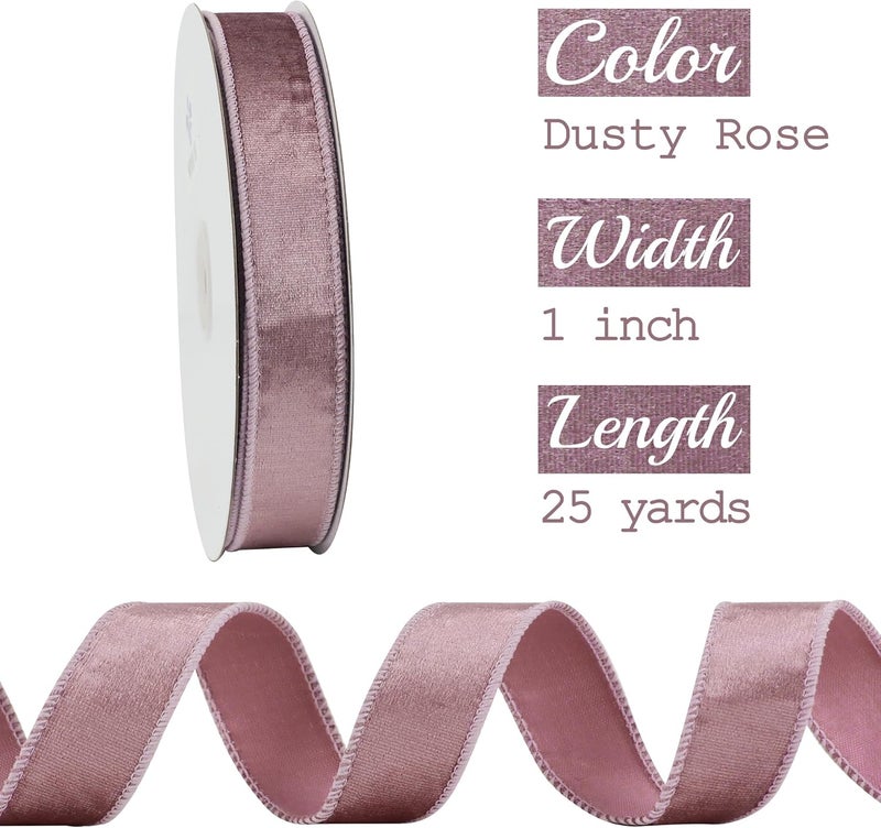 Meedee Dusty Rose Velvet 1 Inch Pink Wired Ribbon 25 Yards Crushed Velvet Christmas Ribbon for Tree, Wreaths, Bows - Image 2